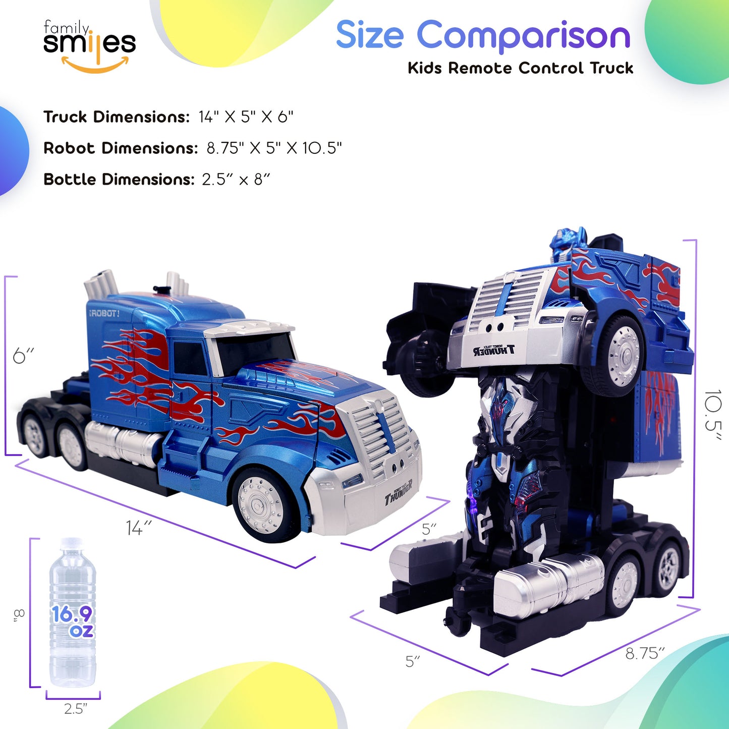 Family Smiles Kids Remote Control Toy Car Thunder Truck Transforming Robot RC Vehicle Toys Boys Age 8-12 Extra Battery