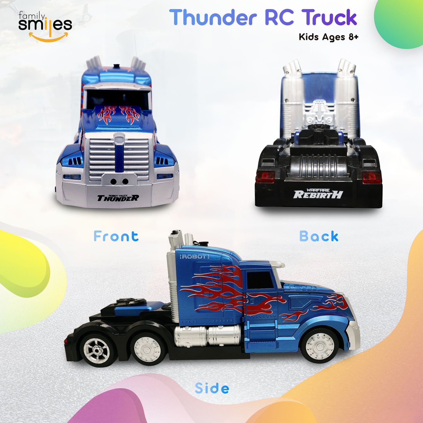 Family Smiles Kids Remote Control Toy Car Thunder Truck Transforming Robot RC Vehicle Toys Boys Age 8-12 Extra Battery
