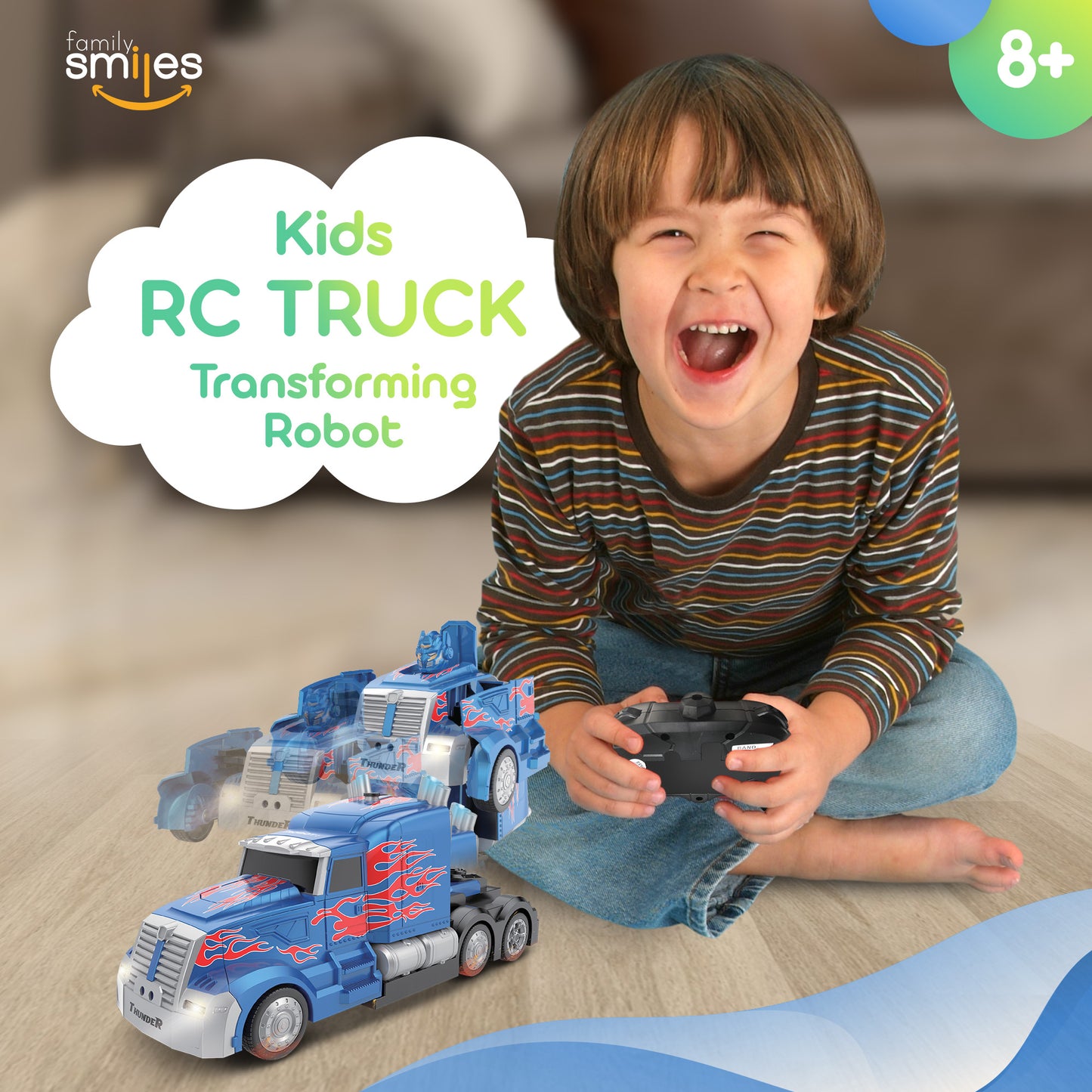 Family Smiles Kids Remote Control Toy Car Thunder Truck Transforming Robot RC Vehicle Toys Boys Age 8-12 Extra Battery