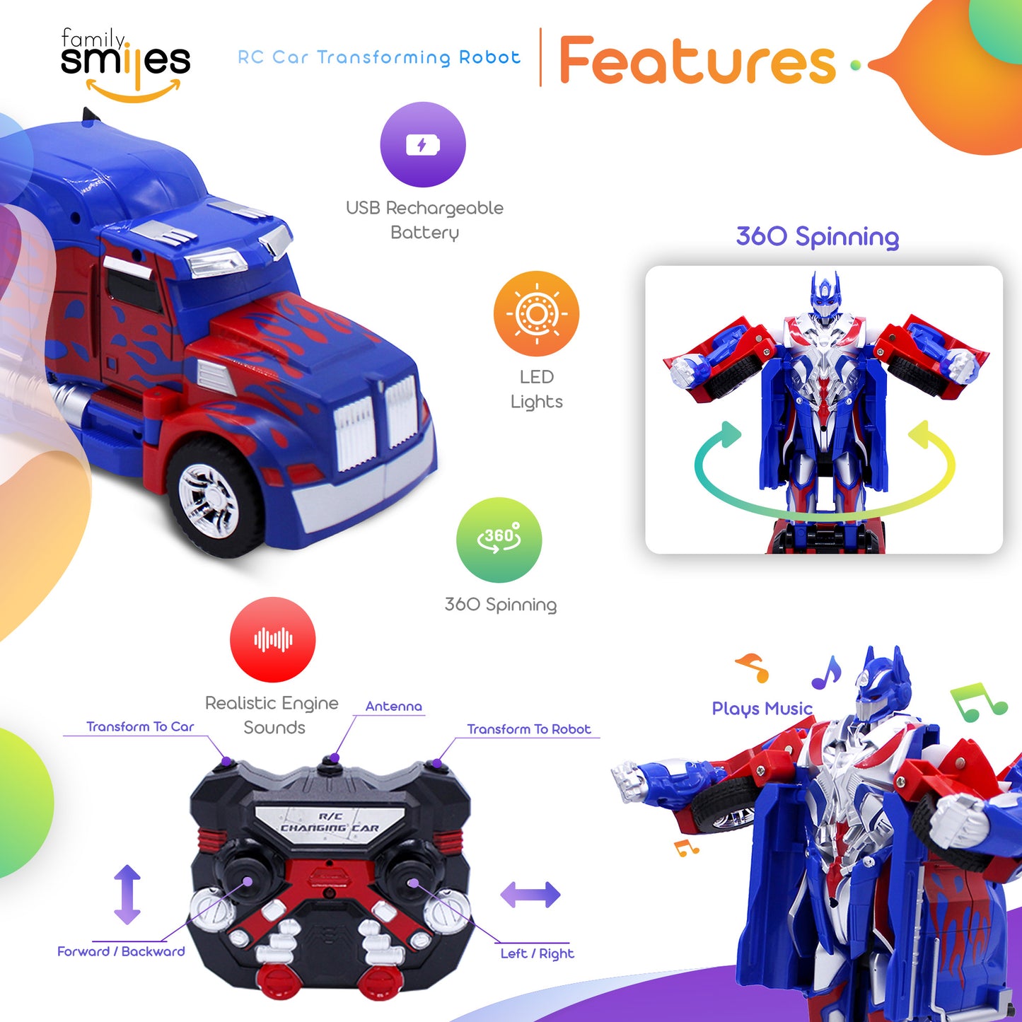 Family Smiles Kids RC Toy Truck Transforming Robot Remote Control Vehicle Toys for Boys 8 - 12 Blue