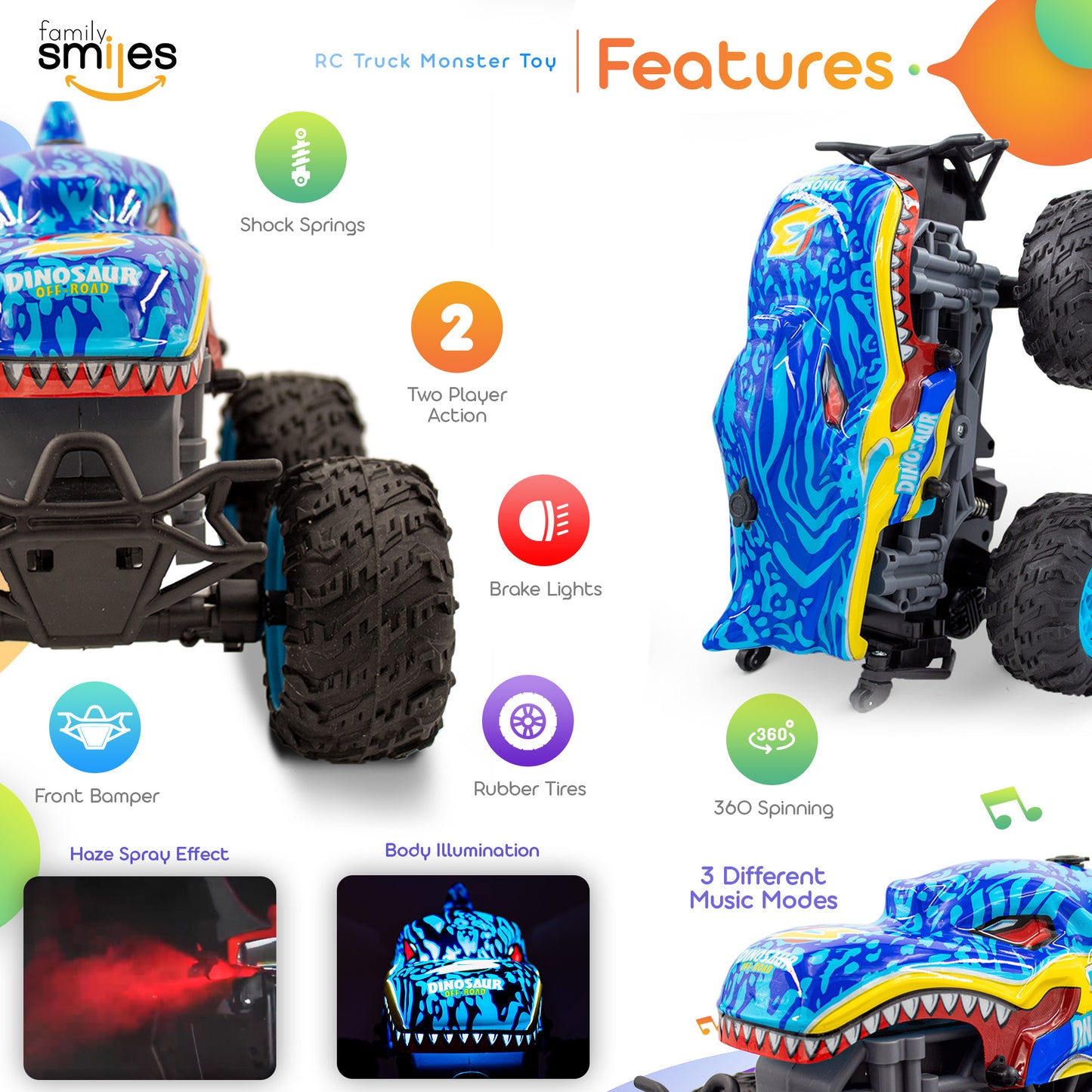 Kids RC Dinosaur Monster Truck 2 Pack Toy Water Spray Haze Lights Sound Effects Remote Control Vehicle 1:16 Scale Green Teal