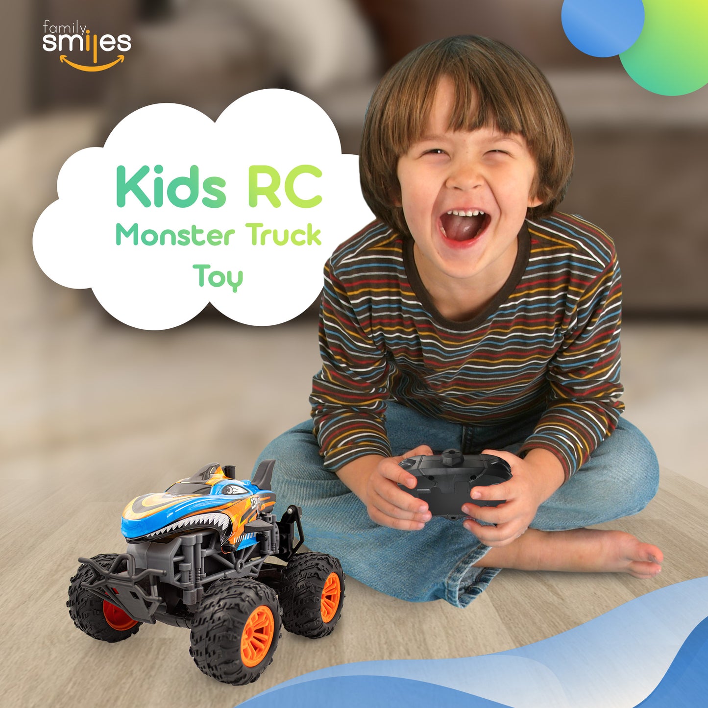 Kids RC Shark Monster Truck 2 Pack Toy Water Spray Haze Lights Sound Effects Remote Control Vehicle 1:16 Scale Orange Teal