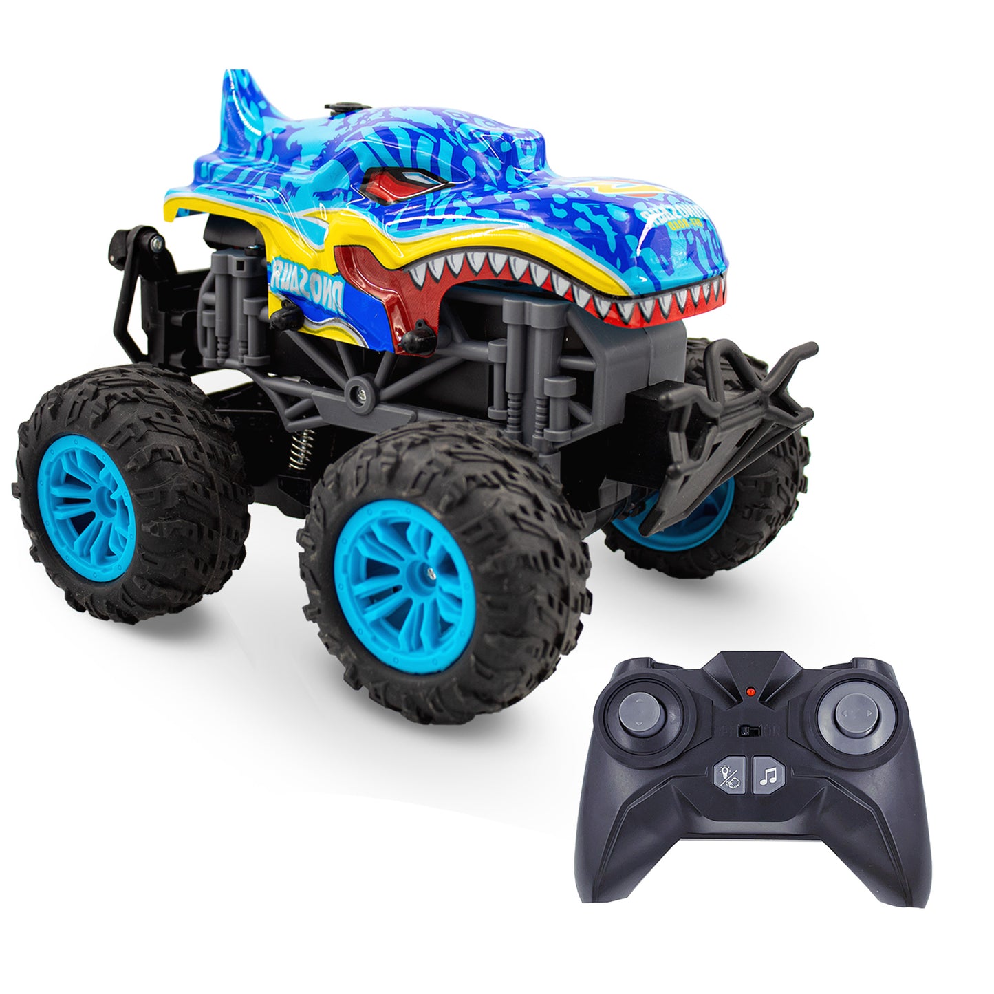 Kids RC Dinosaur Monster Truck 2 Pack Toy Water Spray Haze Lights Sound Effects Remote Control Vehicle 1:16 Scale Green Teal
