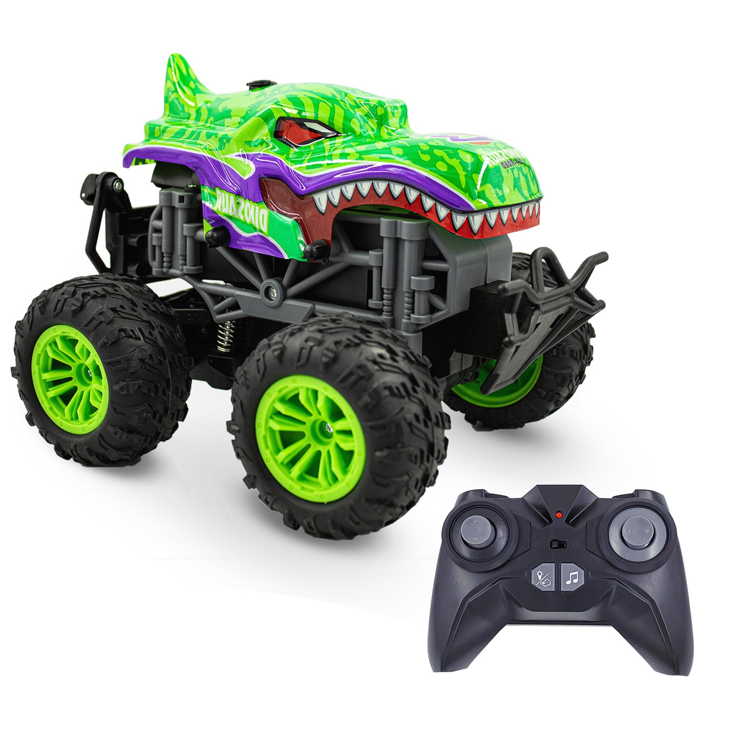 Kids RC Dinosaur Monster Truck 2 Pack Toy Water Spray Haze Lights Sound Effects Remote Control Vehicle 1:16 Scale Green Teal