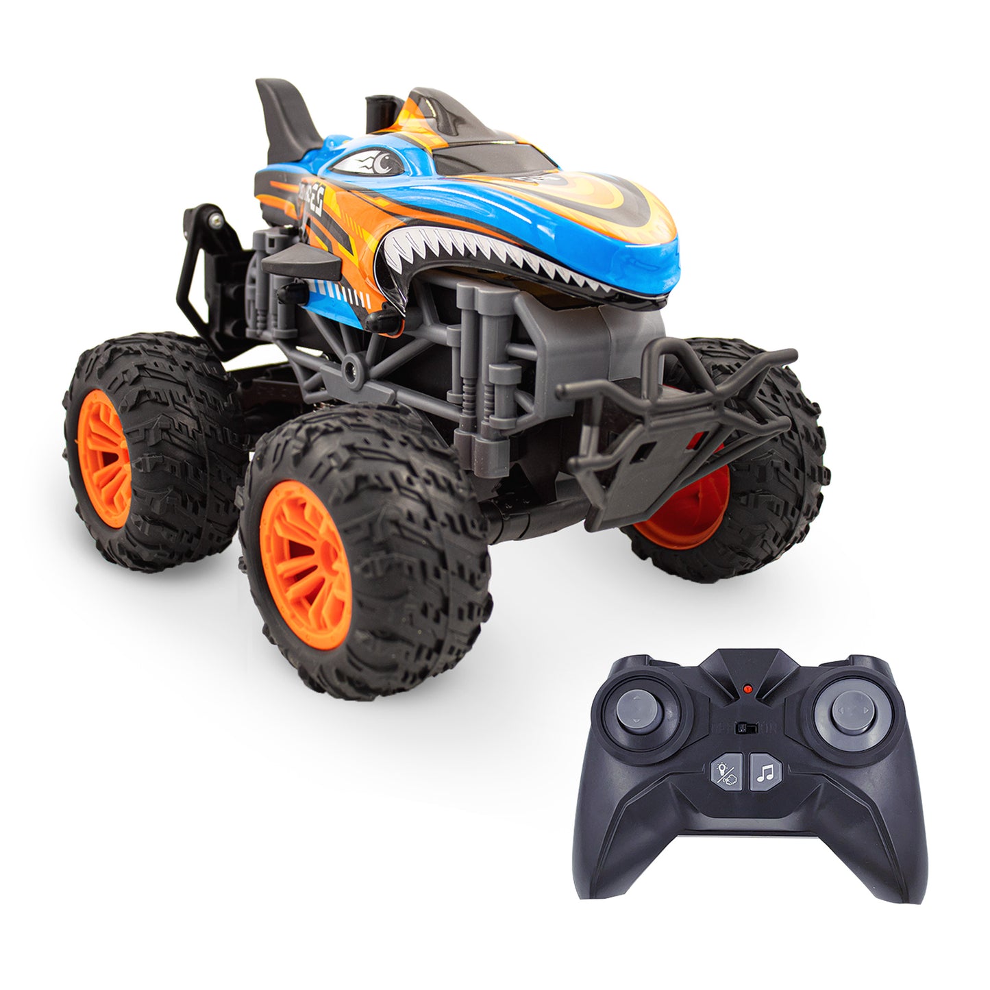 Kids RC Shark Monster Truck 2 Pack Toy Water Spray Haze Lights Sound Effects Remote Control Vehicle 1:16 Scale Orange Teal