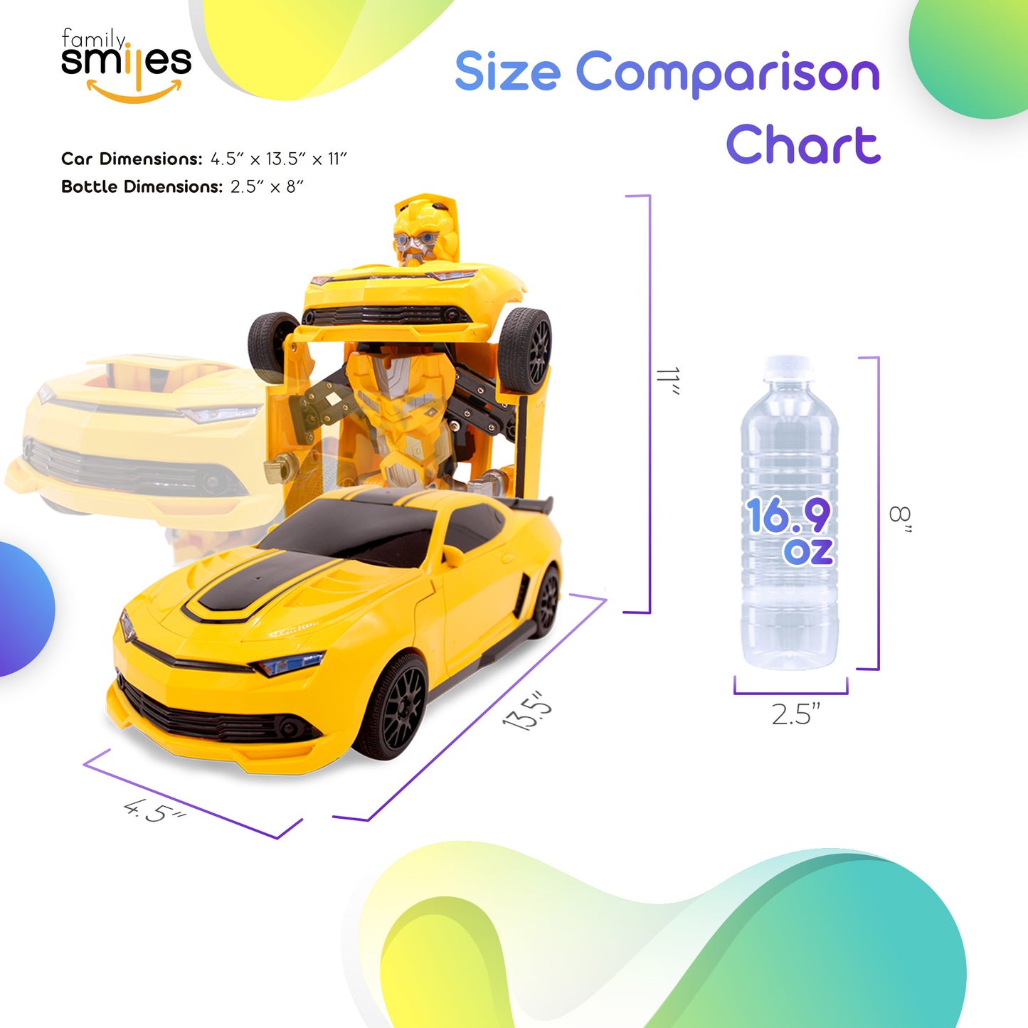 Family Smiles Kids RC Toy Yellow Car Transforming Robot 1:16 Scale Boys Remote Control Vehicle Ages 8 - 12