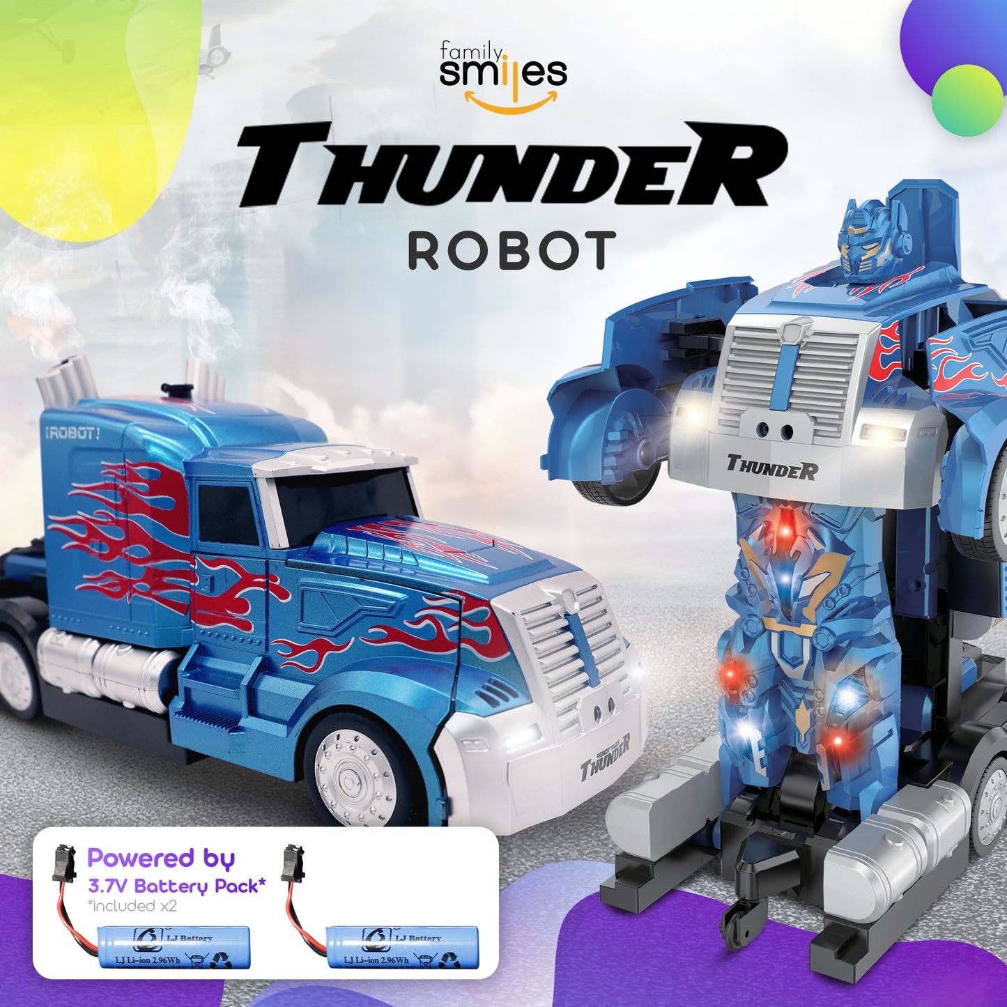 Family Smiles Kids Remote Control Toy Car Thunder Truck Transforming Robot RC Vehicle Toys Boys Age 8-12 Extra Battery