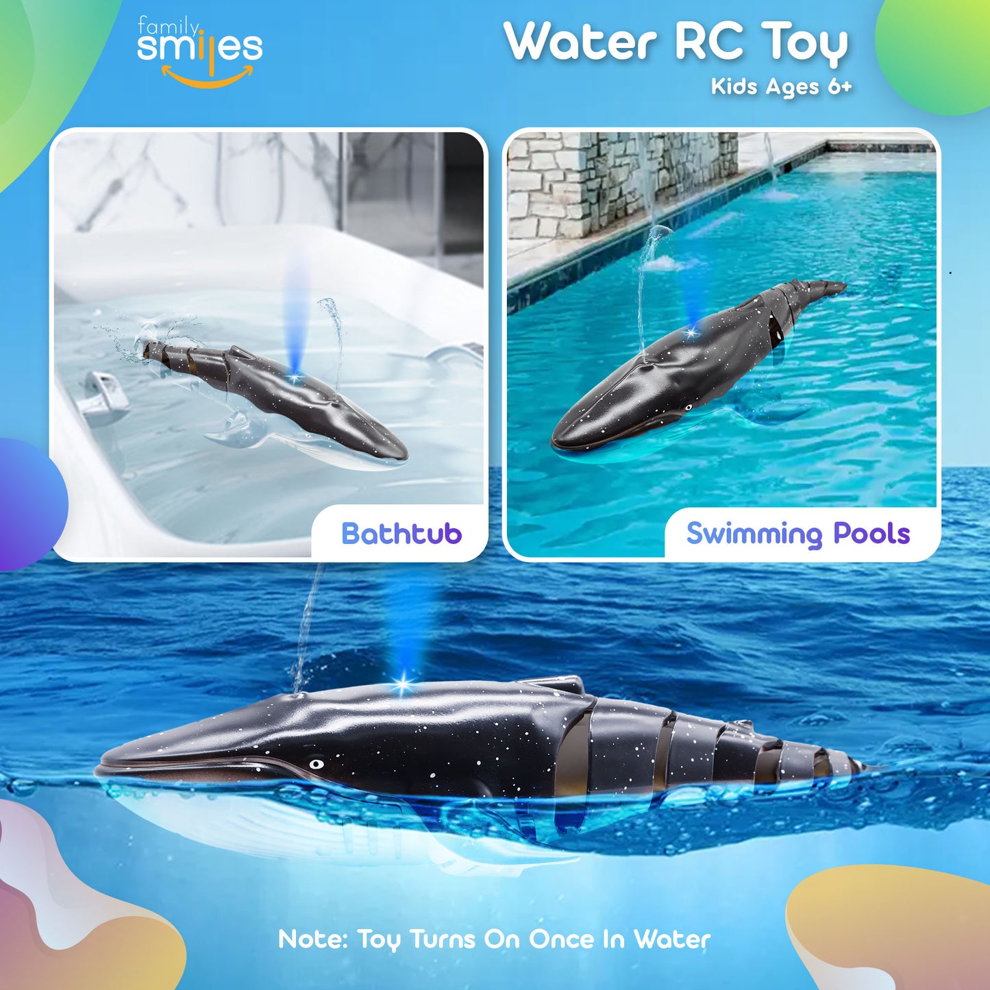 Family Smiles Kids RC Whale Pool Bath Toy Remote Control Water Toys For Boys Girls 6+ Years Gift