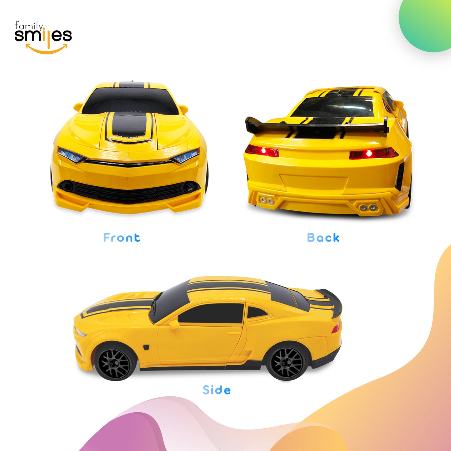 Family Smiles Kids RC Toy Yellow Car Transforming Robot 1:16 Scale Boys Remote Control Vehicle Ages 8 - 12