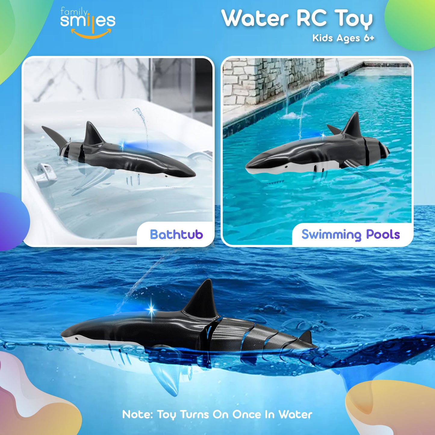 Family Smiles Kids RC Shark Pool Bath Toy Remote Control Water Toys Boy Girl 6+ Year Gift