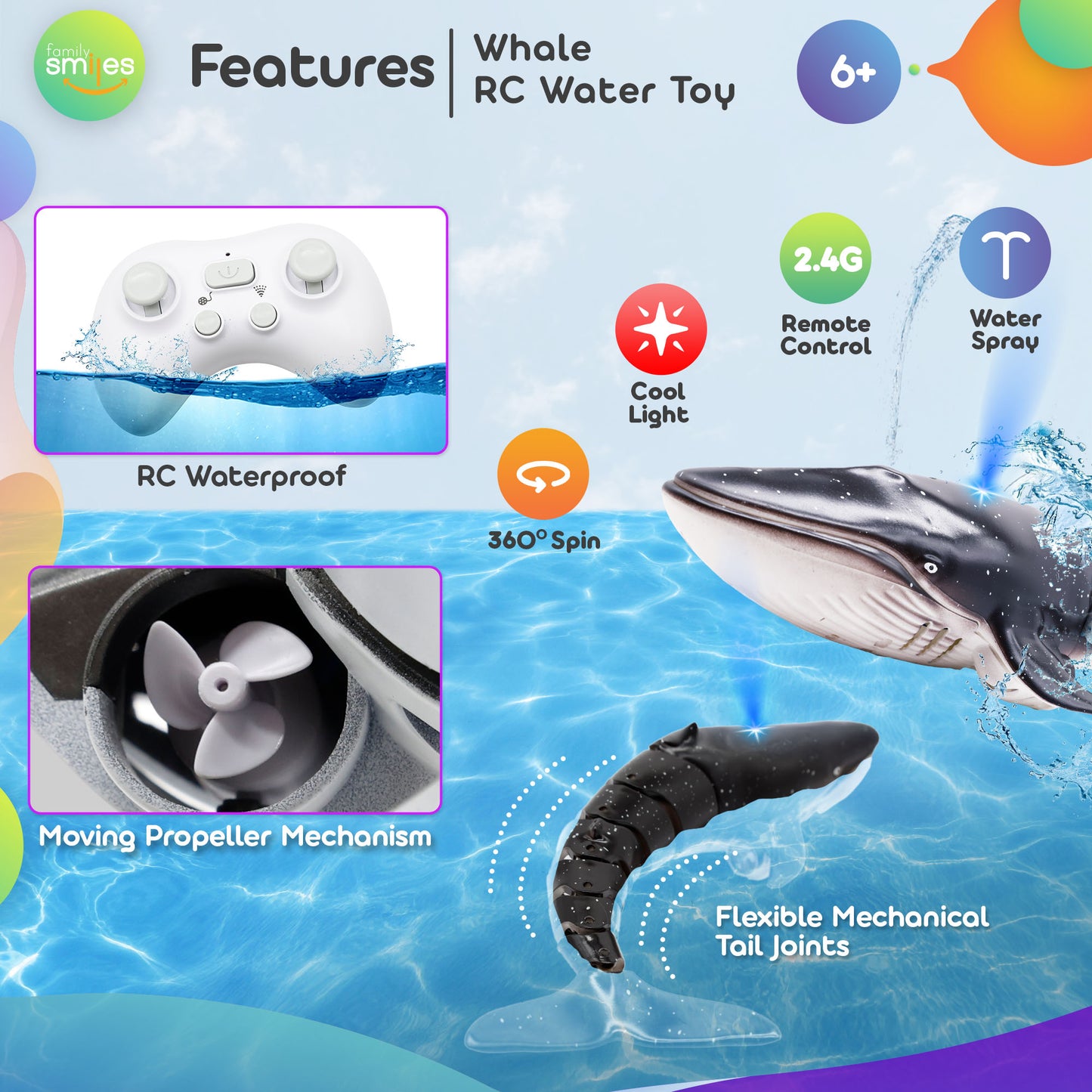 Family Smiles Kids RC Whale Pool Bath Toy Remote Control Water Toys For Boys Girls 6+ Years Gift