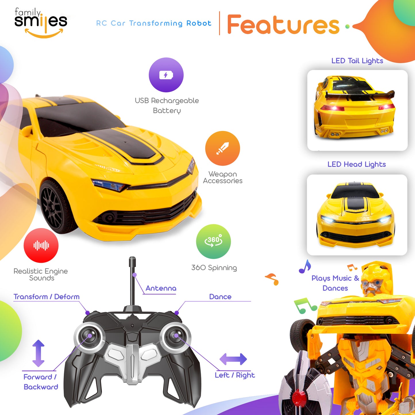 Family Smiles Kids RC Toy Yellow Car Transforming Robot 1:16 Scale Boys Remote Control Vehicle Ages 8 - 12