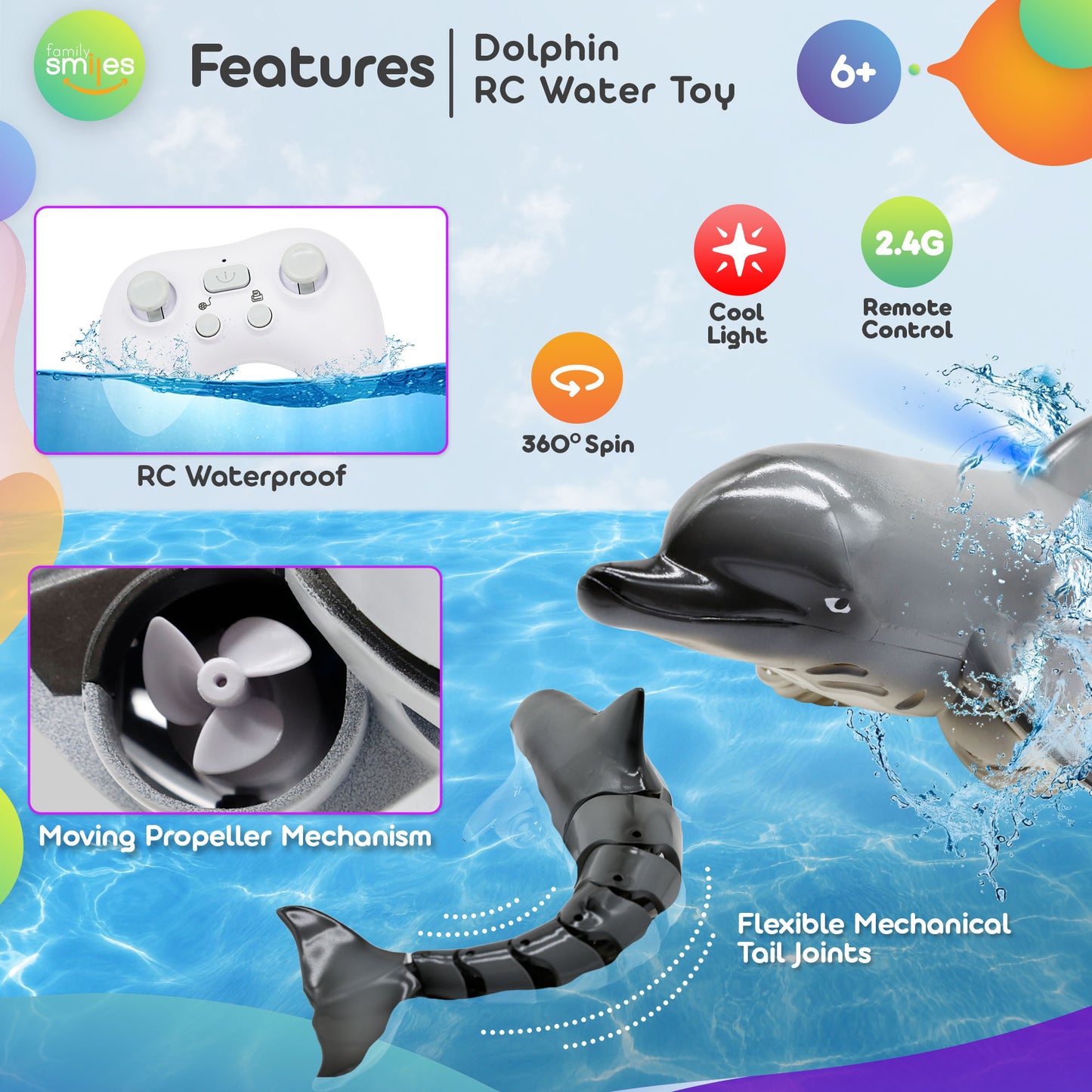 Family Smiles Kids RC Dolphin Pool Bath Toy Remote Control Water Toys For Boys Girls 6+ Years Gift