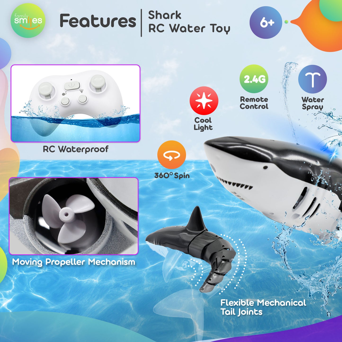 Family Smiles Kids RC Shark Pool Bath Toy Remote Control Water Toys Boy Girl 6+ Year Gift