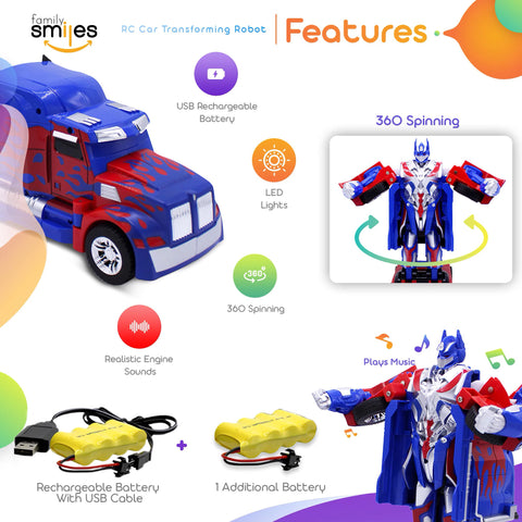 Family Smiles Kids Remote Control Toy Car Truck Transforming Robot RC Vehicle Toys Boys Age 8-12 Extra Battery