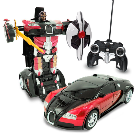 Family Smiles Kids RC Toy Car Transforming Robot Remote Control One-Button Transformation Realistic Engine Sounds 360 Speed Drifting Sword and Shield Included Toys For Boys 1:14 Scale (Red)