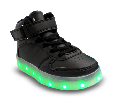 Galaxy LED Shoes Light Up USB Charging High Top Lace & Strap Kids Sneakers(Black) 9.5