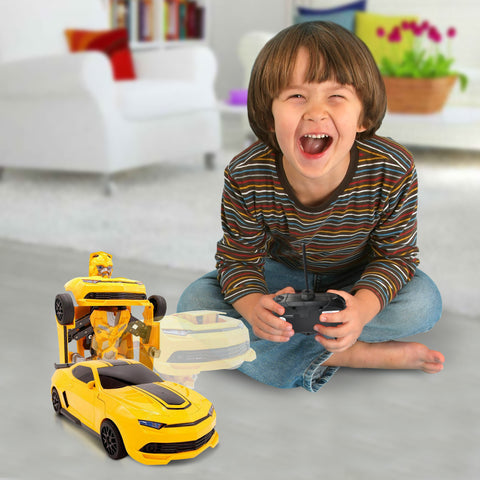 Family Smiles Kids RC Toy Yellow Car Transforming Robot 1:16 Scale Boys Remote Control Vehicle Ages 8 - 12