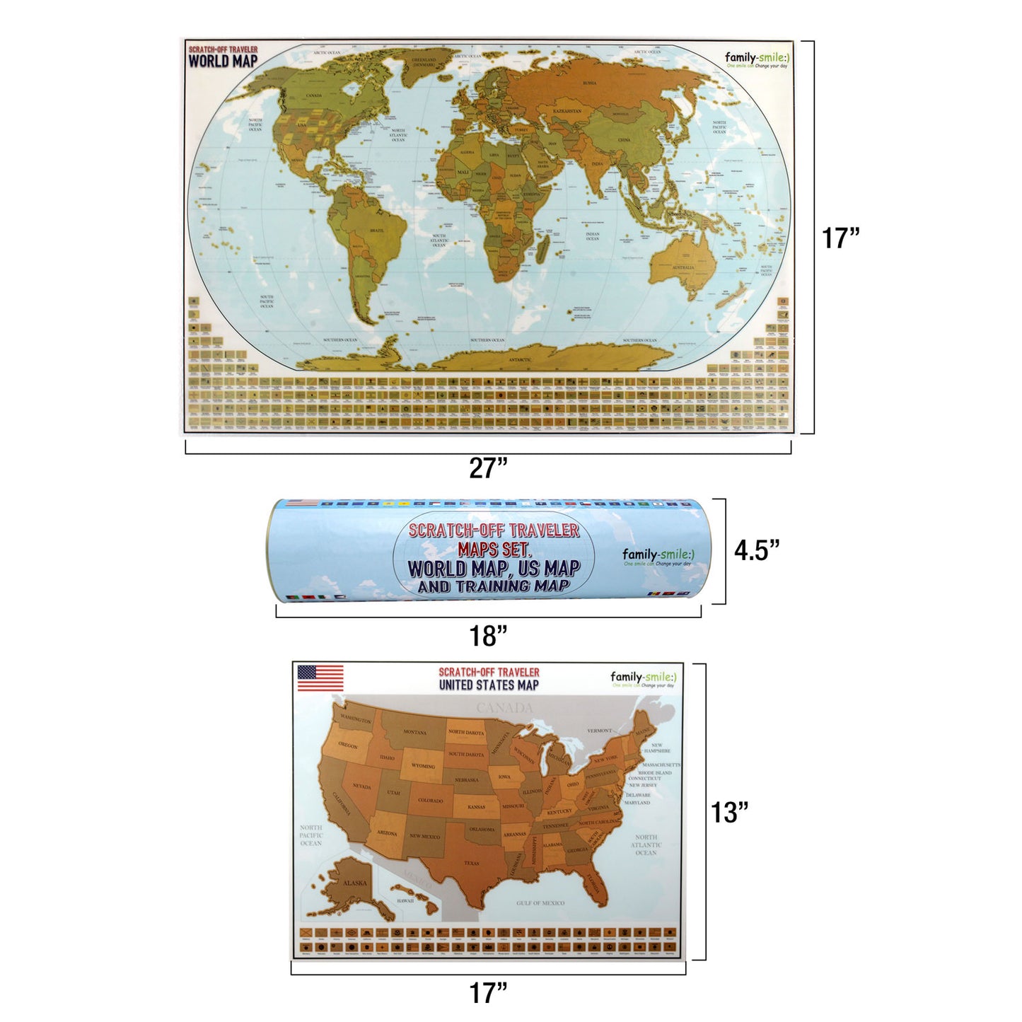 Family Smiles Map Scratch Off World 12 x 27 and USA 13 x 17 Maps 2 in 1 Kit Educational Log Travel Wall Poster Learning Set Scratchable Flags Geographic Toys for Kids and Adults