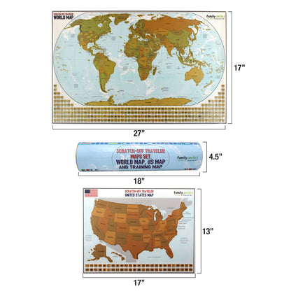 Family Smiles Map Scratch Off World 12 x 27 and USA 13 x 17 Maps 2 in 1 Kit Educational Log Travel Wall Poster Learning Set Scratchable Flags Geographic Toys for Kids and Adults