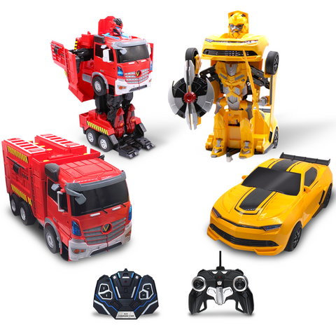 Kids RC Toy Car Transforming Fire Truck Yellow Sport Cars Set Transformation 360 Spinning Speed Drifting Remote Control Vehicle Toys for Boys