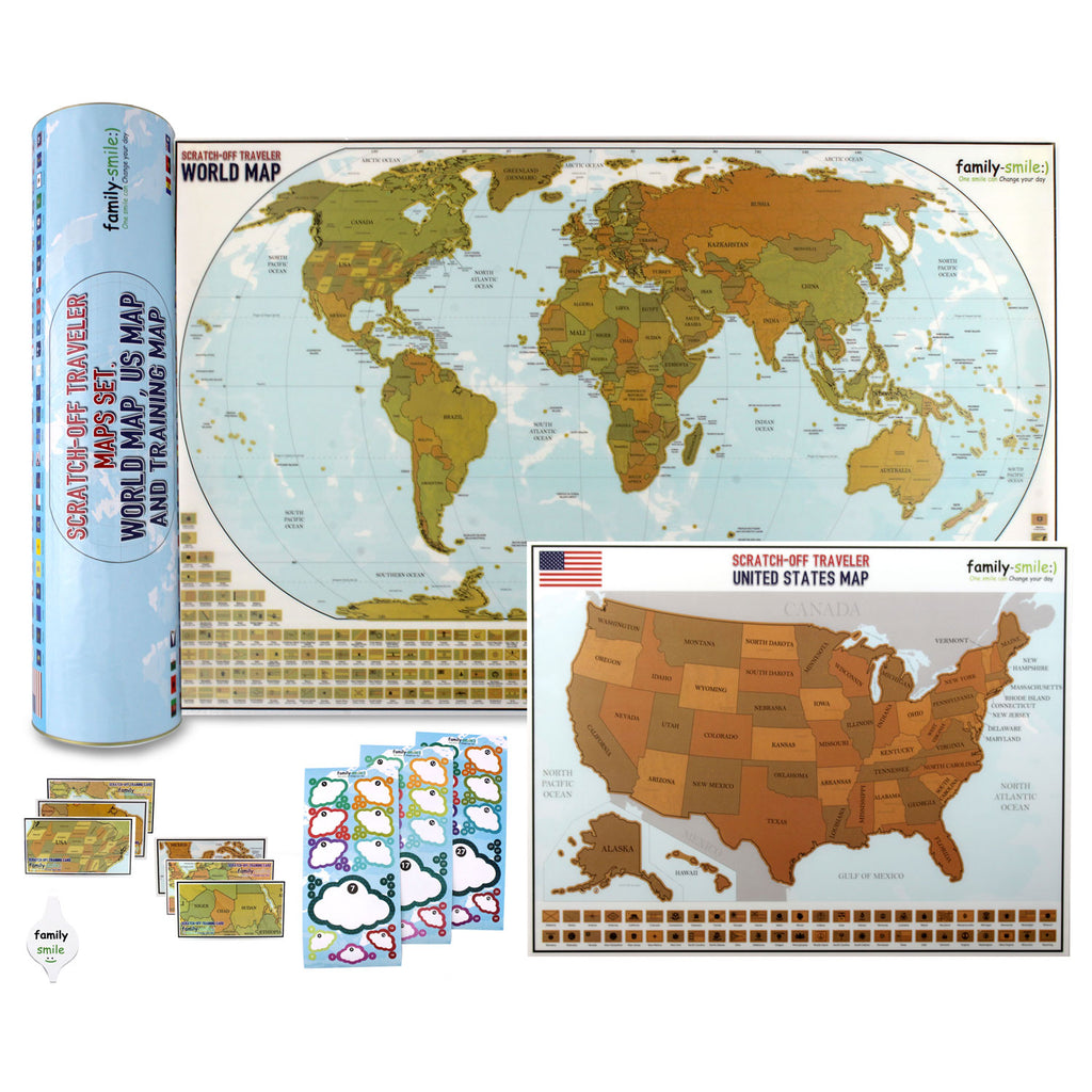 Family Smiles Map Scratch Off World 12 x 27 and USA 13 x 17 Maps 2 in 1 Kit Educational Log Travel Wall Poster Learning Set Scratchable Flags Geographic Toys for Kids and Adults