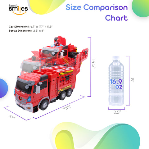 Family Smiles Kids RC Toy Fire Truck Transforming Robot Remote Control Vehicle Toys for Boys 8 - 12 Red