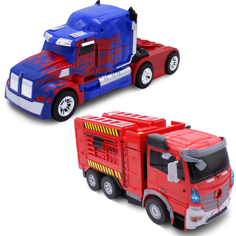 Kids Blue Truck and Red Fire Truck 1:14/1:12 Scale RC Toy Transforming Robot Set for Boys Remote Control Vehicle Ages 8 - 12