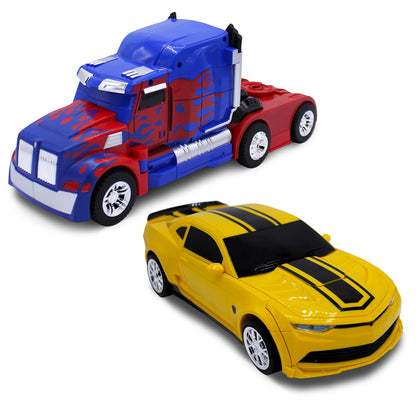 Family Smiles Kids Blue Truck and Yellow Sports Car 1:14/1:16 Scale RC Toy Transforming Robot Set for Boys Remote Control Vehicle Ages 8 - 12