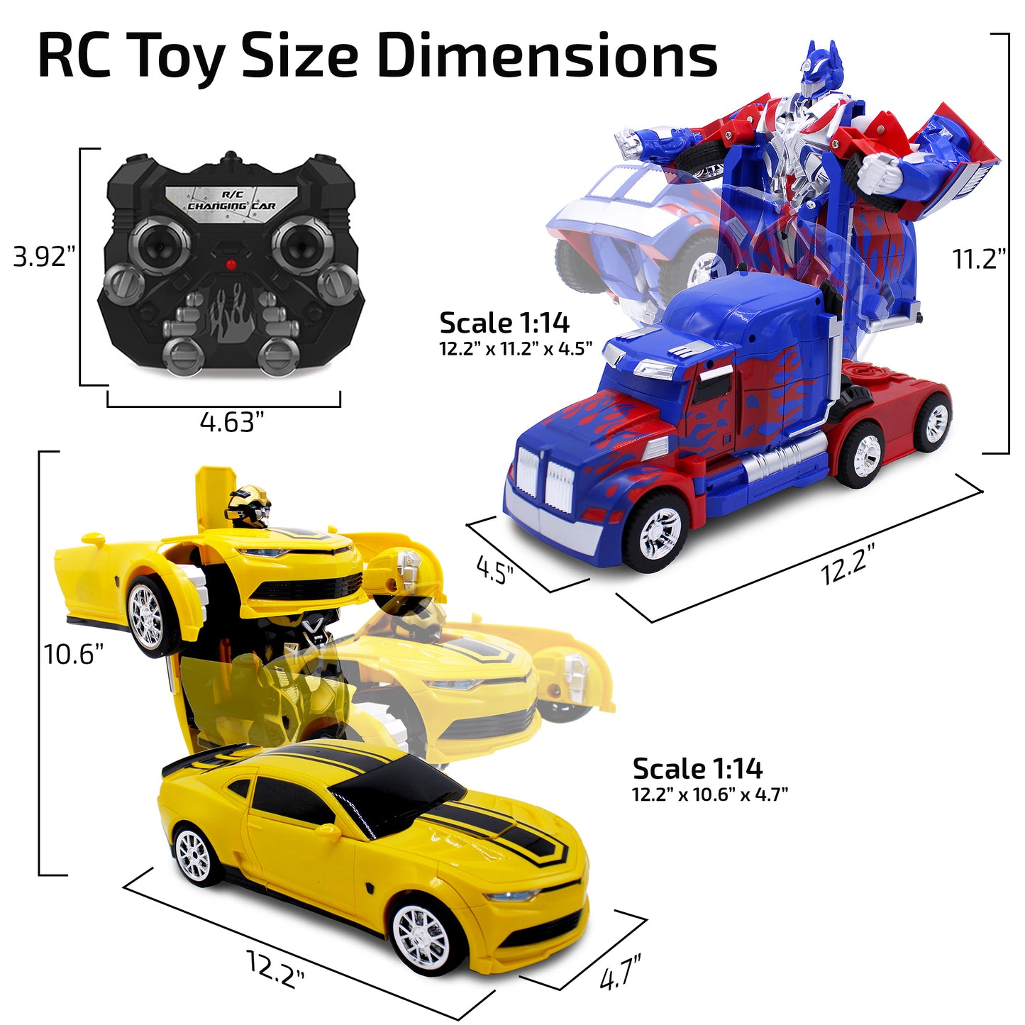 Family Smiles Kids Blue Truck and Yellow Sports Car 1:14/1:16 Scale RC Toy Transforming Robot Set for Boys Remote Control Vehicle Ages 8 - 12