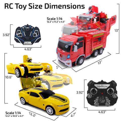 Kids Yellow Sports Car and Red Fire Truck 1:16/1:12 Scale RC Toy Transforming Robot Set for Boys Remote Control Vehicle Ages 8 - 12