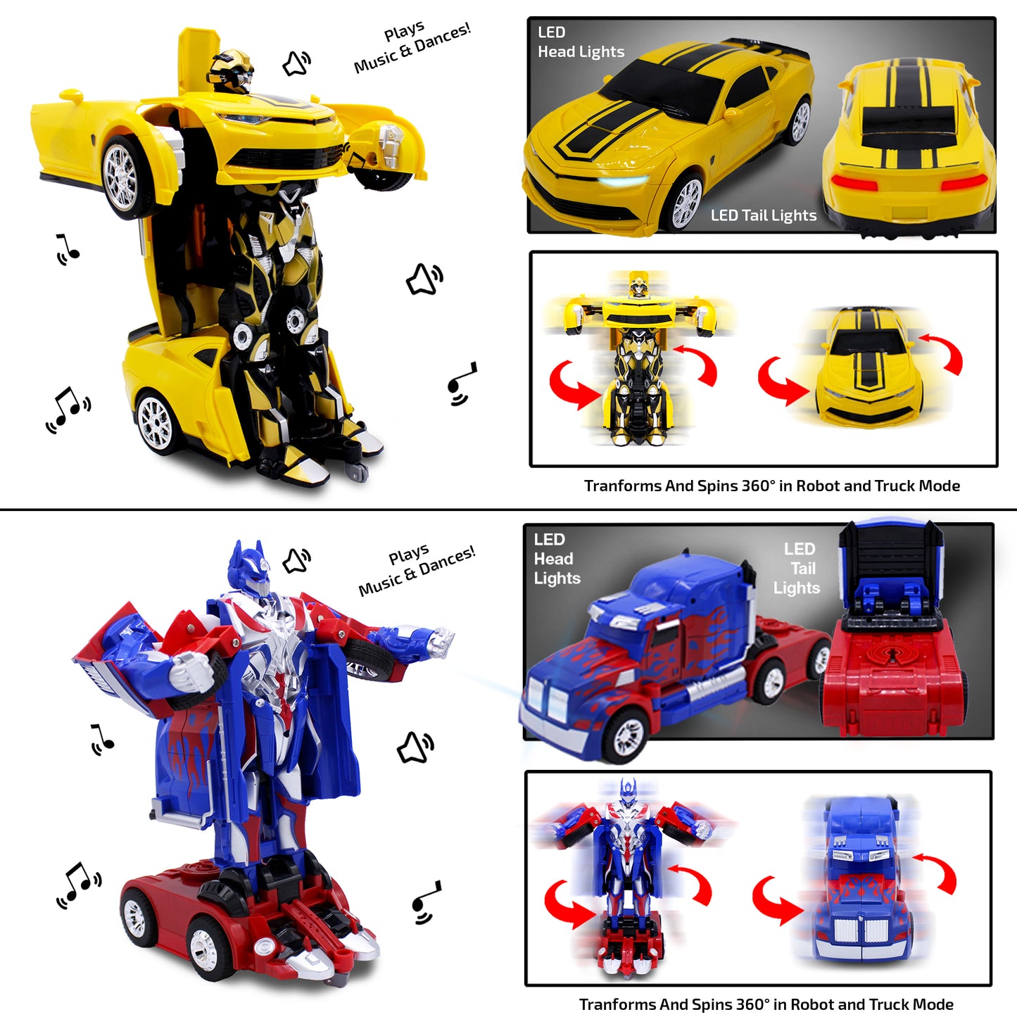 Family Smiles Kids Blue Truck and Yellow Sports Car 1:14/1:16 Scale RC Toy Transforming Robot Set for Boys Remote Control Vehicle Ages 8 - 12