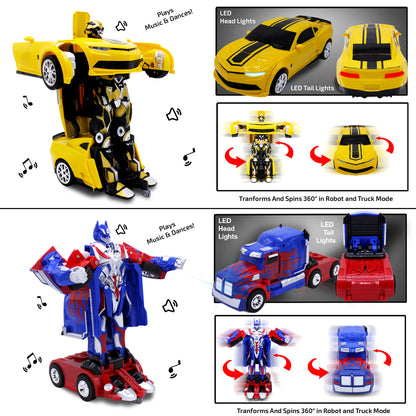 Family Smiles Kids Blue Truck and Yellow Sports Car 1:14/1:16 Scale RC Toy Transforming Robot Set for Boys Remote Control Vehicle Ages 8 - 12