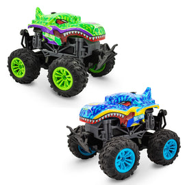 Kids RC Dinosaur Monster Truck 2 Pack Toy Water Spray Haze Lights Sound Effects Remote Control Vehicle 1:16 Scale Green Teal