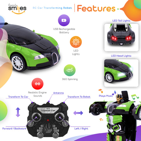 Family Smiles Kids RC Toy Car Transforming Robot Remote Control Vehicle Toys for Boys 8 - 12 Green