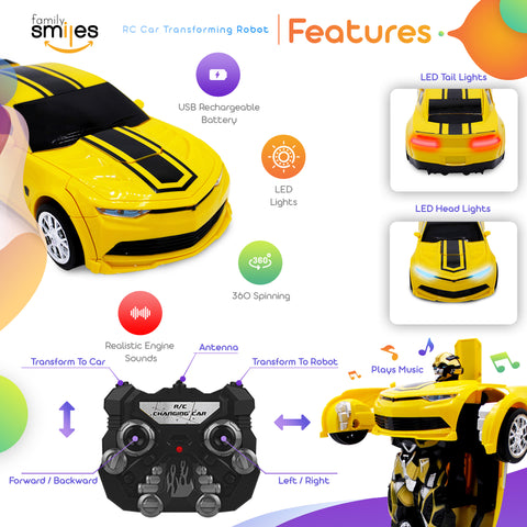 Kids RC Toy Car Transforming Robot Remote Control Vehicle Toys for Boys 8 - 12 Yellow