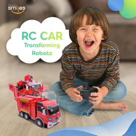 Family Smiles Kids RC Toy Fire Truck Transforming Robot Remote Control Vehicle Toys for Boys 8 - 12 Red