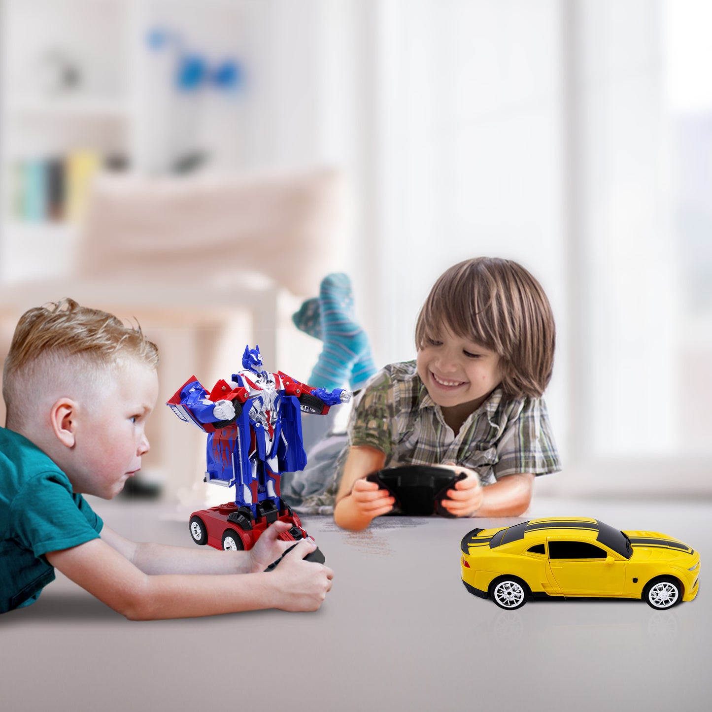 Family Smiles Kids Blue Truck and Yellow Sports Car 1:14/1:16 Scale RC Toy Transforming Robot Set for Boys Remote Control Vehicle Ages 8 - 12