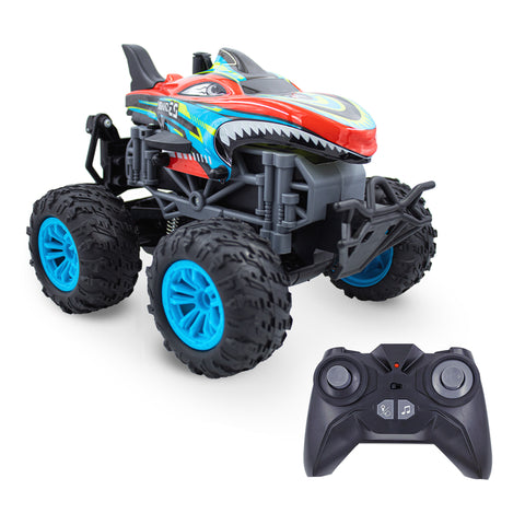 Kids RC Shark Monster Truck 2 Pack Toy Water Spray Haze Lights Sound Effects Remote Control Vehicle 1:16 Scale Orange Teal