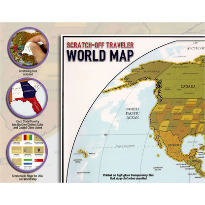 Family Smiles Map Scratch Off World 12 x 27 and USA 13 x 17 Maps 2 in 1 Kit Educational Log Travel Wall Poster Learning Set Scratchable Flags Geographic Toys for Kids and Adults