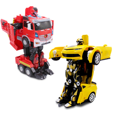 Kids Yellow Sports Car and Red Fire Truck 1:16/1:12 Scale RC Toy Transforming Robot Set for Boys Remote Control Vehicle Ages 8 - 12