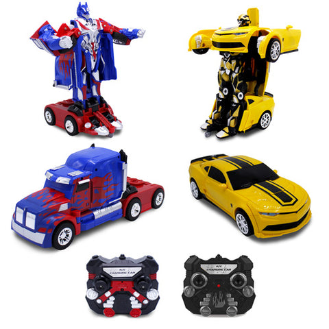 Family Smiles Kids Blue Truck and Yellow Sports Car 1:14/1:16 Scale RC Toy Transforming Robot Set for Boys Remote Control Vehicle Ages 8 - 12