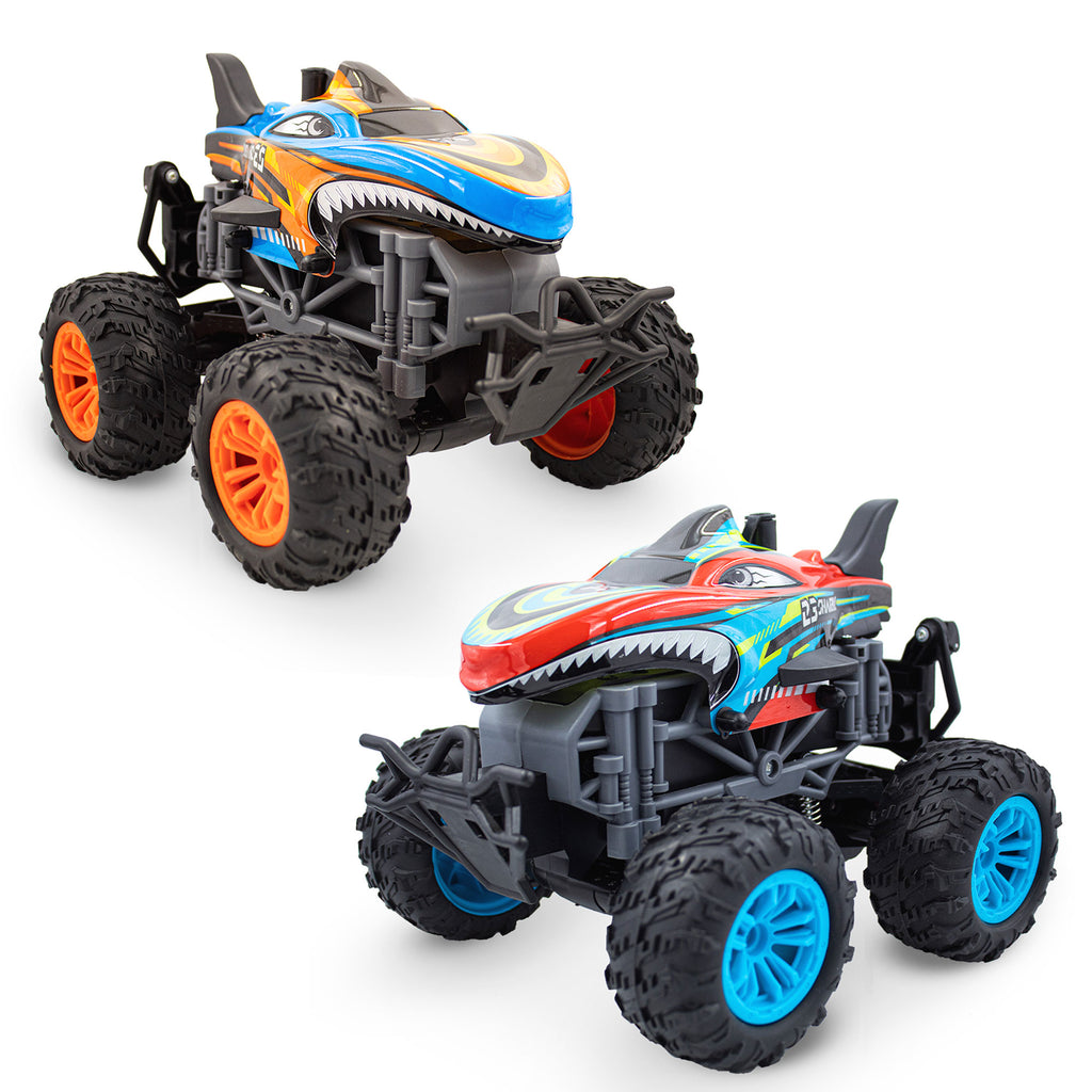 Kids RC Shark Monster Truck 2 Pack Toy Water Spray Haze Lights Sound Effects Remote Control Vehicle 1:16 Scale Orange Teal
