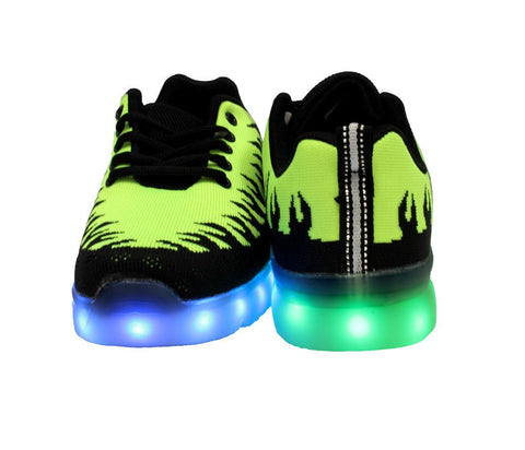 Family Smiles LED Light Up Sneakers Low Top USB Charging Lace-Up Men Women Unisex Shoes Inferno Flames Green